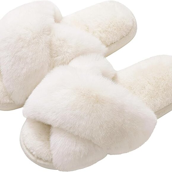 Women's Fuzzy Slippers Cross Band Memory Foam House Slippers Open Toe White NWT - Picture 4 of 6